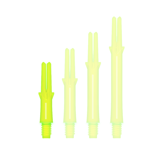 L-Style L-Shafts Locked Straight - Neon Yellow 130 Auf dem Bild sind vier neon-gelbe Dart-Schäfte in verschiedenen Längen zu sehen. Sie haben ein gerades Design und ein Schraubgewinde am unteren Ende.