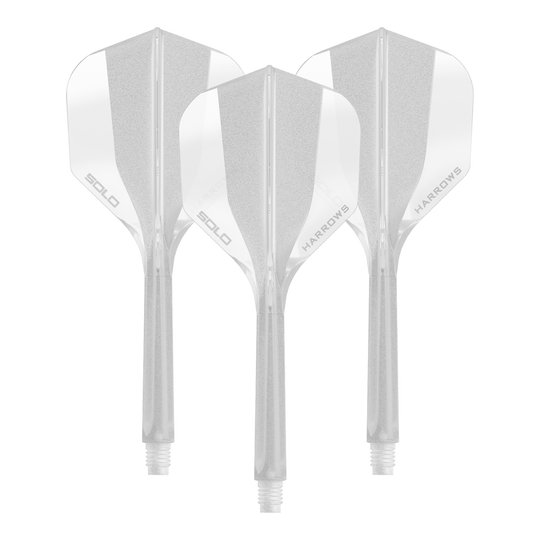Harrows Solo No6 Flight-Shaft-System - Clear Ein transparentes Dart Flight Shaft System der Marke Harrows, Größe 35mm. Das Bild zeigt ein Set des No6 Solo Flight Shaft Systems in klarer Ausführung.