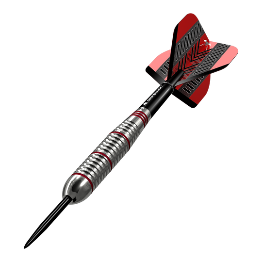 Mission Rogue Brass Steeldarts - 22g Das Bild zeigt einen Mission Rogue Brass Steeldart mit einem Gewicht von 22g. Der Dartpfeil hat ein silbernes Griffstück mit roten Akzenten und rote Flights.