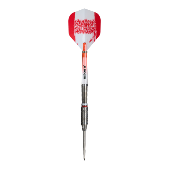 Unicorn Mensur Suljovic The Gentle Steeldarts - 23g Auf diesem Bild sind die Unicorn Mensur Suljovic The Gentle Steeldarts - 23g abgebildet. Die Darts sind für präzises und kontrolliertes Spielen ausgelegt.