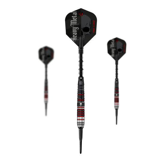 Harrows Ryan Searle Heavy Metal Series 2 Softdarts Das Bild zeigt drei Softdarts der Serie "Harrows Ryan Searle Heavy Metal Series 2". Die Darts haben ein schwarzes Design mit roten und silbernen Akzenten sowie einen Schädel auf dem Schaft.