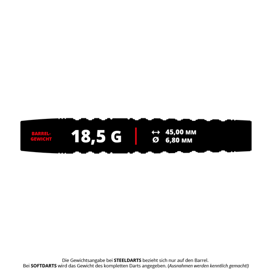 Das Bild zeigt die Produktinformationen der Target Japan Black Marque Lumiere GEN3 Softdarts mit einem Gewicht von 18,5 g. Die Länge beträgt 45,00 mm und der Durchmesser 6,80 mm.