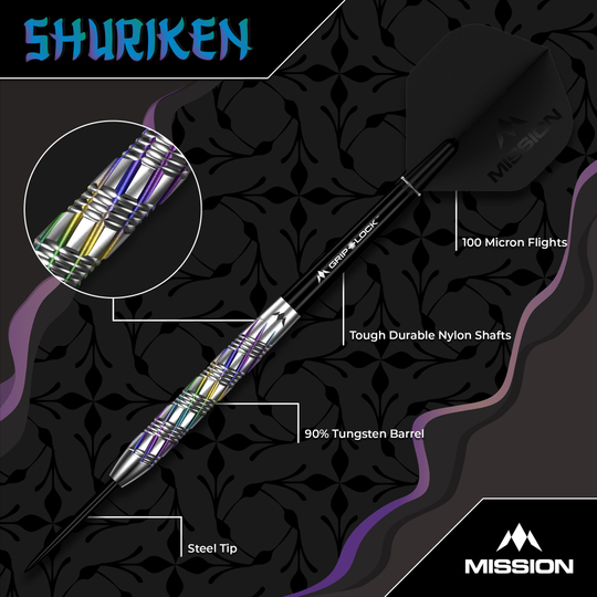 Mission Shuriken Steeldarts Mission Shuriken Steeldarts sind für ambitionierte Dartspieler geeignet. Das Foto zeigt die Mission Shuriken Steeldarts aus einer anderen Perspektive.