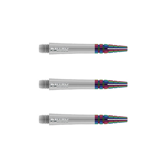C600_Nitro_Ionic_Short_White_Shafts Das Bild zeigt drei weiße RedDragon Nitrotech Ionic Shafts für Dartpfeile. Sie haben am Ende eine bunte, metallische Verzierung.