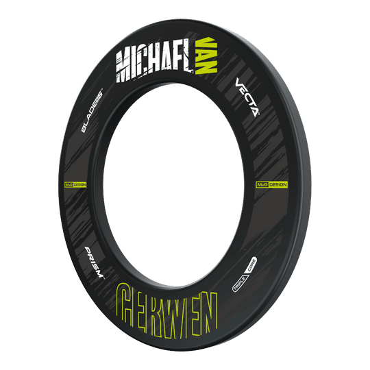 Das Bild zeigt den "Winmau MvG Retro Design Dartboard Surround", einen runden Dartboard-Schutzring. Er ist überwiegend schwarz mit weißen und neon-gelben Schriftzügen, darunter "Michael van Gerwen" und verschiedene Markennamen.