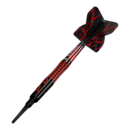 Mission Lava Softdarts - 20g Das Bild zeigt einen Mission Lava Softdart mit einem Gewicht von 20 Gramm. Der Dart ist in Schwarz und Rot gestaltet und hat ein modernes, auffälliges Design.