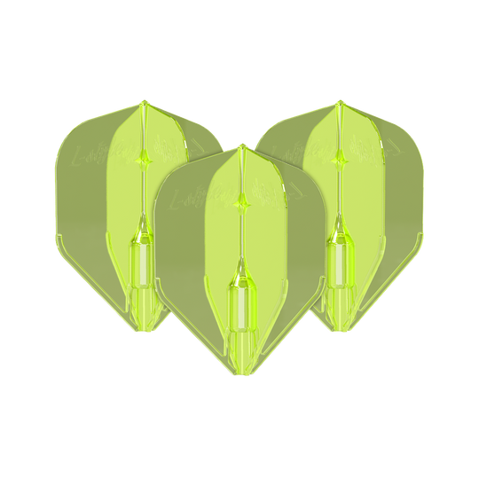 L-Style Fantom L3EZ Flights Neongelb Das Bild zeigt drei neongelbe L-Style Fantom L3EZ Flights für Dartpfeile. Sie sind aus Kunststoff und haben eine glänzende, transparente Oberfläche.