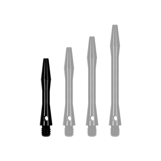 Das Bild zeigt vier schwarze Aluminiumschäfte in unterschiedlichen Längen. Sie sind für den Gebrauch an Pfeilen oder Darts vorgesehen.