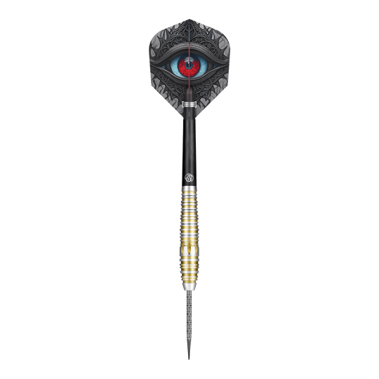 Shot Celt Balor Steeldarts Dieses Bild zeigt einen Steeldartpfeil des Produkts "Shot Celt Balor Steeldarts". Auf dem Flight ist ein auffälliges Auge in blauen und roten Farbtönen abgebildet.