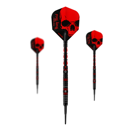 Harrows Ryan Searle Heavy Metal Softdarts Die Abbildung zeigt die Harrows Ryan Searle Heavy Metal Softdarts. Die Darts sind schwarz-rot gestaltet und haben ein auffälliges Totenkopf-Motiv auf den Flights.