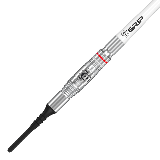 Bulls Niko Springer Softdarts - 22g Das Bild zeigt einen Bulls Niko Springer Softdart mit einem Gewicht von 22g. Der Dart hat eine silberne Metallspitze und einen weißen Schaft mit der Aufschrift "B GRIP".