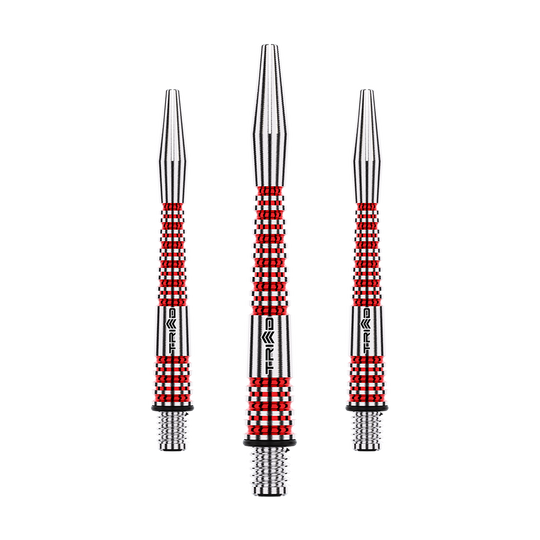 Das Bild zeigt drei silber-rote Aluminium Dart Shafts. Sie sind länglich, strukturiert und haben Schraubgewinde an beiden Enden.