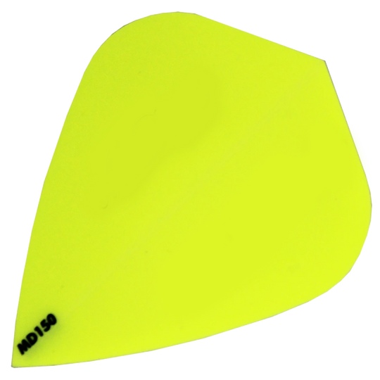 Das Bild zeigt ein leuchtend gelbes Dartflight des Modells „McDart MD150 – Kite Flight“. In der unteren linken Ecke steht in schwarzer Schrift „MD150“.