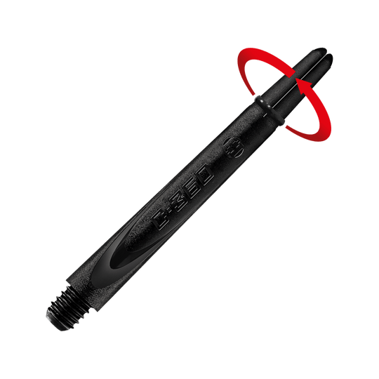 HR460_Harrows_Carbon_360_Shafts_Schwarz_49mm_2_Symbol Das Bild zeigt einen schwarzen Dart-Schaft aus Carbon. Auf dem Schaft steht die Prägung "360" und er hat ein Gewinde am unteren Ende.