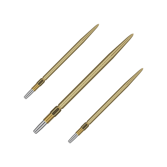 Das Bild zeigt drei goldene Dartspitzen, die nebeneinander angeordnet sind. Die Spitzen haben silberne Enden zur Befestigung am Dart.