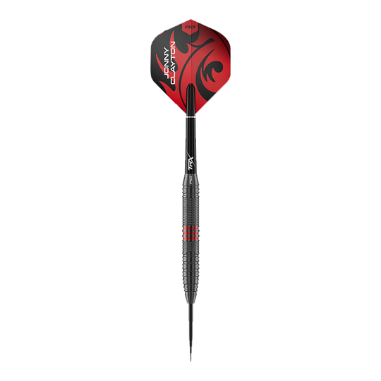 Red Dragon Jonny Clayton Core Brass Steeldarts - 21g Abgebildet ist ein einzelner Red Dragon Jonny Clayton Core Brass Steeldart mit 21g Gewicht. Der Dart zeigt goldene Akzente und ein markantes Griffdesign.