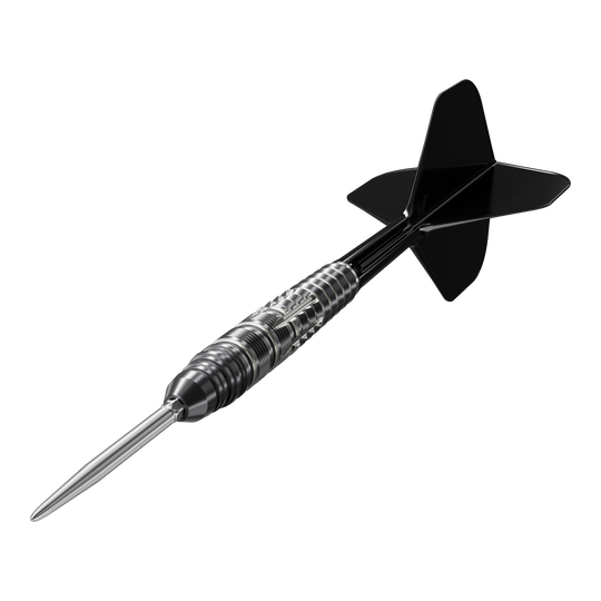 Zu sehen sind die Target Japan Black Marque Blaze Swiss Point Steeldarts - 23g aus einer anderen Perspektive. Die Darts haben eine schwarze, stilvolle Optik.