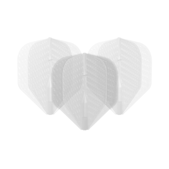 Das Bild zeigt drei durchsichtige Dart-Flights mit einer strukturierten Oberfläche. Sie sind in einer leicht gefächerten Anordnung aufgestellt.