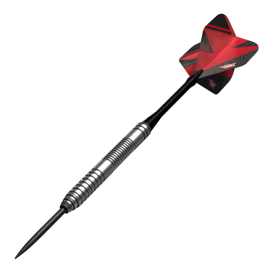 Bulls NL Lightning Red Steeldarts Das Bild zeigt einen Bulls NL Lightning Red Steeldart mit silbernem Barrel und roten Flights. Der Dart hat ein modernes Design und ist für Präzision beim Spielen gemacht.