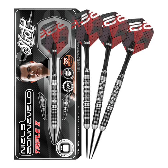 Shot Niels Zonneveld V2 Steeldarts Das Bild zeigt das Produkt "Shot Niels Zonneveld V2 Steeldarts" samt Verpackung und vier Steeldarts. Die Darts haben ein silber-schwarzes Design mit roten Flights.