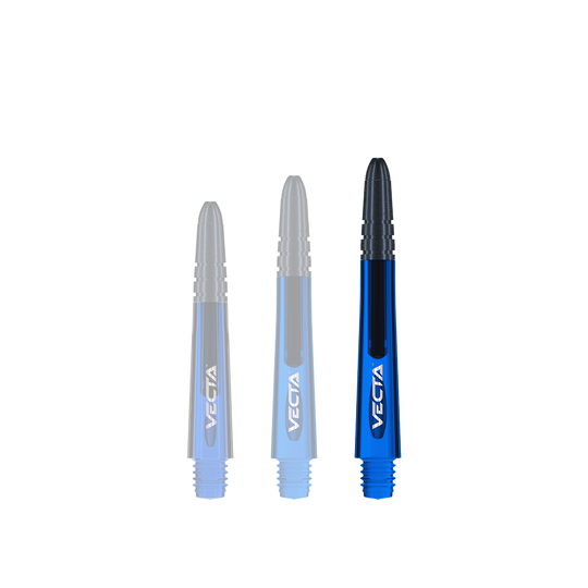 Das Bild zeigt drei blaue Winmau Vecta Shafts für Darts. Sie haben ein modernes Design mit schwarzer Spitze und der Aufschrift "VECTA" auf der Seite.