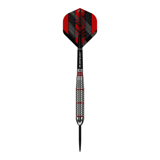 Mission Rogue Brass Steeldarts - 22g Das Bild zeigt einen Mission Rogue Brass Steeldart mit einem Gewicht von 22 Gramm. Der Dart hat ein silbernes, geriffeltes Barrel und rote sowie schwarze Akzente an Flight und Shaft.