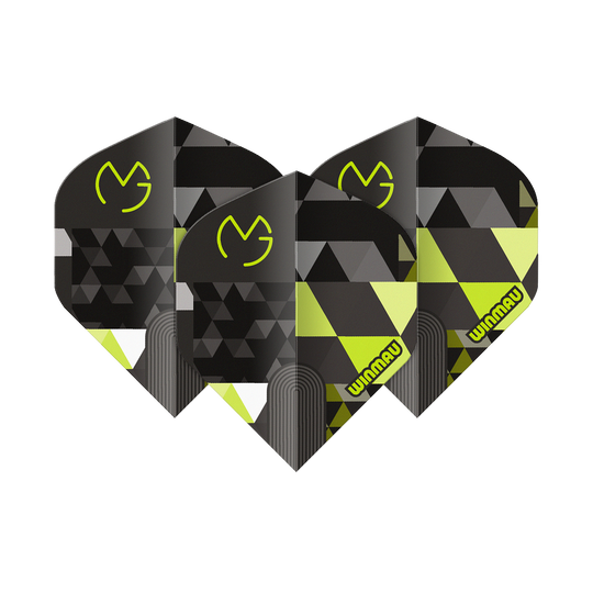 Abgebildet ist Winmau Prism Delta MvG Logo Green No2 Standard Flights. Das Produkt zeigt grüne Dart-Flights mit Logo als Set.