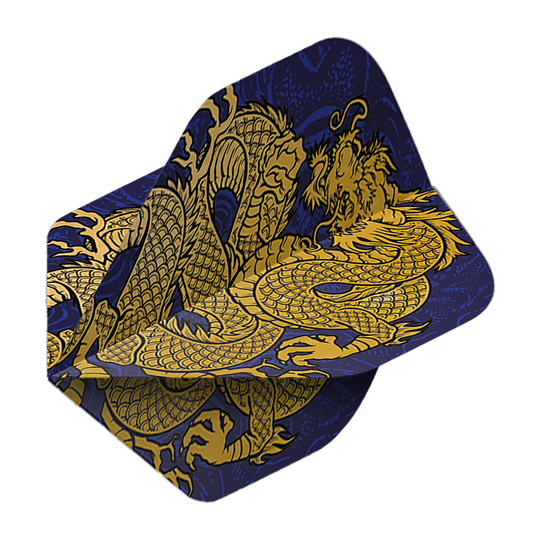 Pentathlon Flights Dragon blau Das Bild zeigt die Pentathlon Dragon 4 Standard Flights. Auf den Flights ist ein goldener Drache auf dunkelblauem Hintergrund abgebildet.