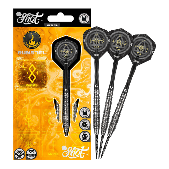 Shot Alchemy Runstel Steeldarts Hier wird das Modell Shot Alchemy Runstel Steeldarts dargestellt. Die Steeldarts sind komplett und aus der Nähe abgebildet.