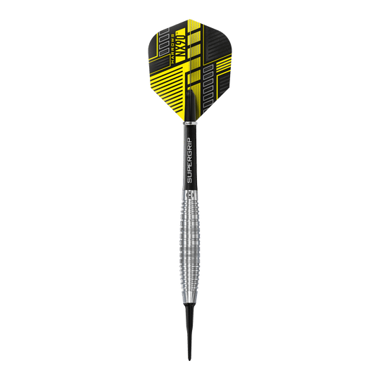 Harrows NX90 Bomb Softdarts Das Bild zeigt einen Harrows NX90 Bomb Softdart mit einem silbernen, geriffelten Barrel. Die Flight-Feder ist schwarz und gelb gemustert und trägt den Produktnamen.