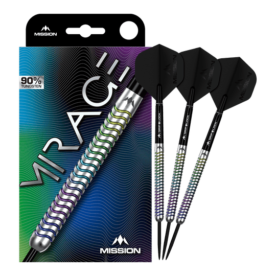 Mission Mirage Steeldarts Mission Mirage Steeldarts werden auf diesem Bild vollständig dargestellt. Sie sind für Dartspieler geeignet.