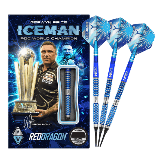 Das Bild zeigt das Produkt "Red Dragon Gerwyn Price Glacier Softdarts - 18g" mit einer auffälligen blauen Verpackung. Neben der Verpackung sind drei blaue Softdarts mit dem Schriftzug "ICEMAN" und einem Eismuster abgebildet.