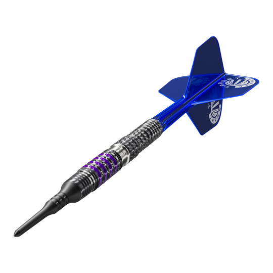 Target Japan Prime Series Sirius GEN4 Softdarts - 21,5g Das Bild zeigt einen modernen Softdart aus der Produktreihe „Target Japan Prime Series Sirius GEN4“ mit einem Gewicht von 21,5g. Der Dart hat ein auffälliges, silber-schwarzes Design mit lila Akzenten und blauen Flights.