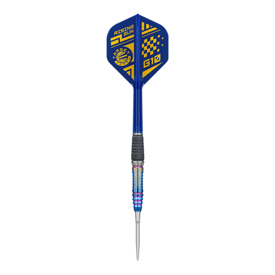 Dies ist ein Bild der Target Japan Rising Sun GEN10 Swiss Point Steeldarts. Drei silberne Darts mit blauen Highlights sind zu sehen.