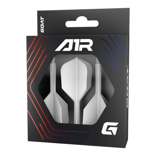 GOAT A1R No6 Flight-Shaft-System - Weiß Die Abbildung zeigt das Produkt „GOAT A1R No6 Flight-Shaft-System - Weiß“ in einer schwarzen Verpackung mit Sichtfenster. In der Verpackung sind drei weiße Dart-Flights mit Schäften zu sehen.