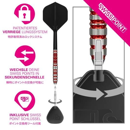 Target Japan Black Marque Spinel Swiss Point Steeldarts - 23g Das Bild zeigt ein Set der Target Japan Black Marque Spinel Swiss Point Steeldarts - 23g. Diese Steeldarts sind für anspruchsvolle Spieler gedacht.