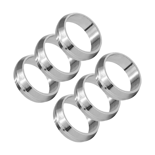 Das Bild zeigt sechs silberne Ringe des Produkts „Harrows Pyramid Shaftringe“. Die Ringe sind aus Metall und werden für Dartpfeile verwendet.