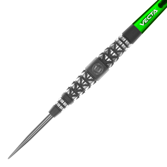 Das Bild zeigt einen Winmau Simon Whitlock Atomised Grip Steeldart. Der Dartpfeil hat ein markantes, silbernes Griffmuster und einen grünen Schaft mit der Aufschrift „VECTA“.