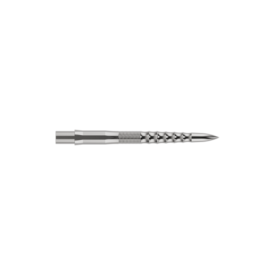 Mission Caliburn EVO Dartspitzen - Ripple - Silber Auf dem Bild ist eine silberne Steeldartspitze mit feinen Rillen und einem speziellen Riffel-Design zu sehen. Sie ist lang und schmal und wirkt sehr präzise verarbeitet.