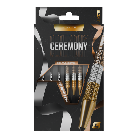 GOAT Ceremony Tungsten Steeldarts Die Abbildung zeigt eine Packung „GOAT Ceremony Tungsten Steeldarts“. Die Verpackung hebt die Eigenschaften wie 90% Tungsten und Grip-Tech besonders hervor.