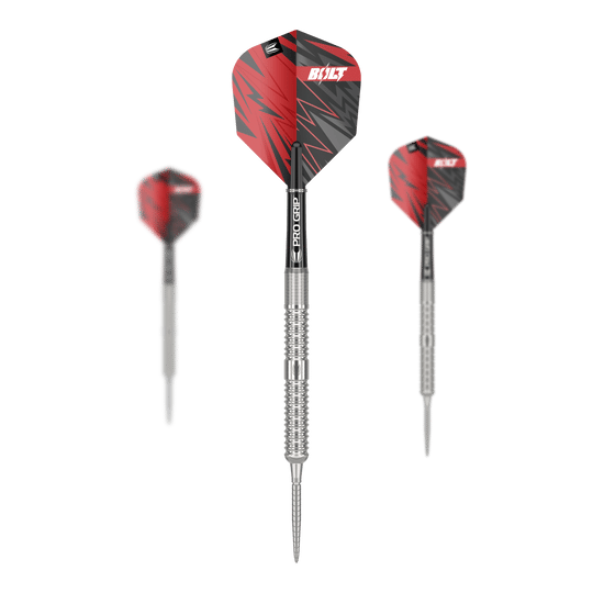 Das Bild zeigt drei Steeldarts des Modells "Target Sebastian Bialecki GEN1 Swiss Point" mit einem Gewicht von 22g. Die Darts haben silberne Spitzen und Schäfte mit roten und schwarzen Flights.