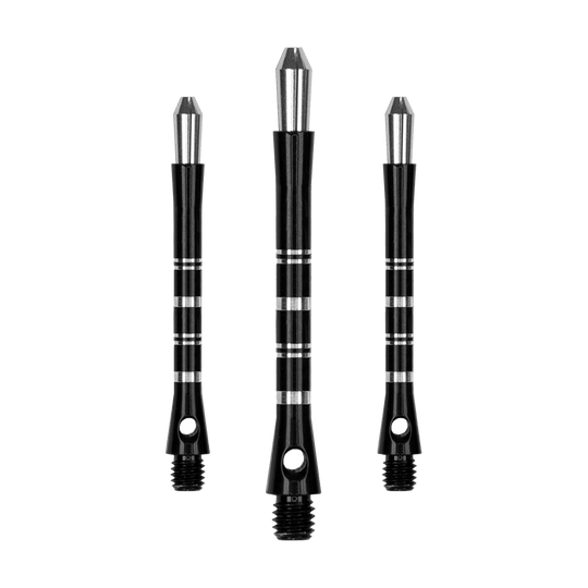 Das Bild zeigt drei schwarze Dartshafts der Marke Harrows Colette. Die Shafts haben silberne Akzente und ein schlankes, modernes Design.