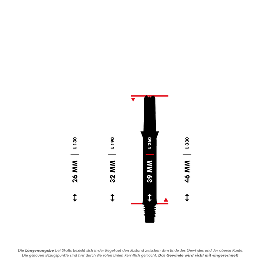 L-Style L-Shafts Silent Straight - Schwarz 260 Das Bild zeigt verschiedene Längen von geraden Dartshafts, die in Millimetern angegeben sind. Die L-Shaft mit einer Länge von 39 mm ist in der Mitte hervorgehoben dargestellt.