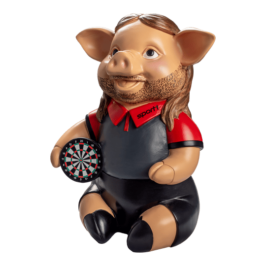 Sport1 Headbanger Phrasenschwein Das Bild zeigt eine Schweinefigur mit langen Haaren, Bart und einem Sport1-Shirt. Die Figur hält eine kleine Dartscheibe in der Hand.