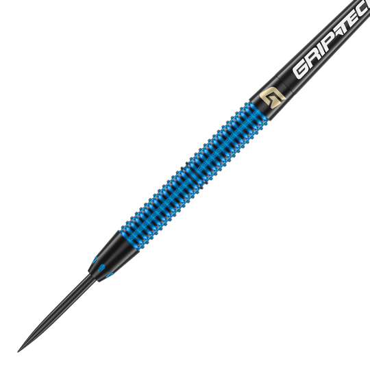 GOAT Athlete Blue Brass Steeldarts - 12g Das Bild zeigt einen GOAT Athlete Blue Brass Steeldart mit einem Gewicht von 12g. Der Dart hat eine blaue geriffelte Oberfläche und eine schwarze Spitze.