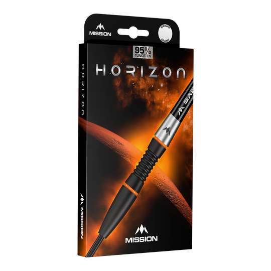 Mission Horizon Black PVD Orange Steeldarts Mission Horizon Black PVD Orange Steeldarts sind zu sehen. Das Bild hebt die schwarze und orange Farbgebung hervor.