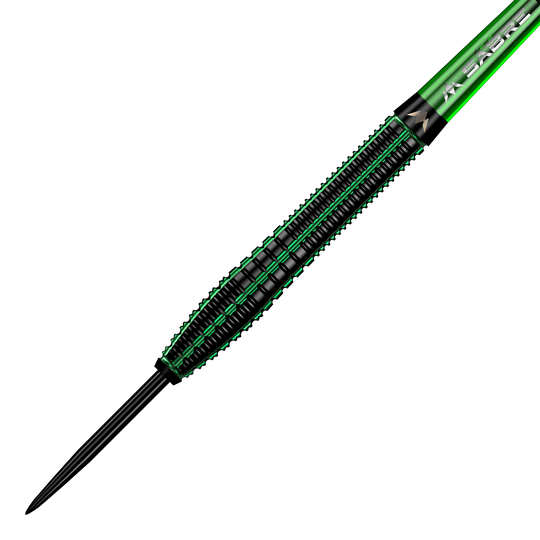 Mission Venom Steeldarts Das Bild zeigt einen Mission Venom Steeldart mit einem schwarzen und grünen Design. Der Dartpfeil hat eine schlanke Form und auffällige grüne Akzente entlang des Schafts.