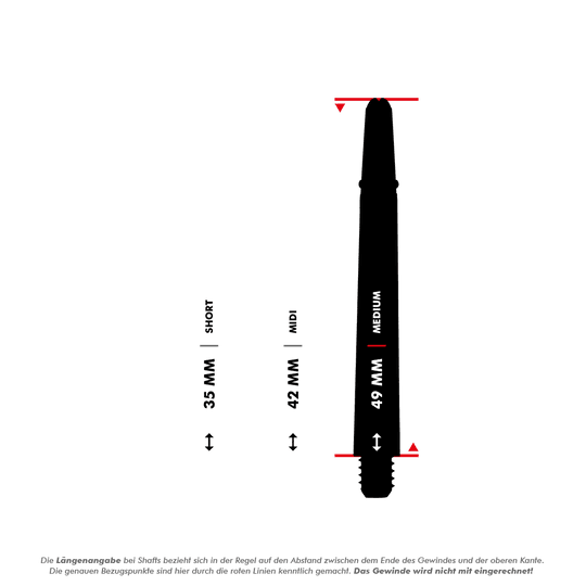 _Harrows_Carbon_360_Shafts_5_49mmUqhft62JxO5gA Das Bild zeigt drei unterschiedlich lange Dartschäfte mit den Längen 35 mm (Short), 42 mm (Midi) und 49 mm (Medium). Die Längen werden durch rote Markierungen an den Schäften hervorgehoben.