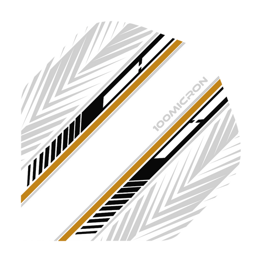 Pentathlon Flights weiß/schwarz/gold Das Bild zeigt das Produkt "Pentathlon White Black Gold No2 Standard Flights". Das Flight ist überwiegend weiß mit schwarzen, goldenen und grauen Mustern sowie der Aufschrift "100 MICRON".