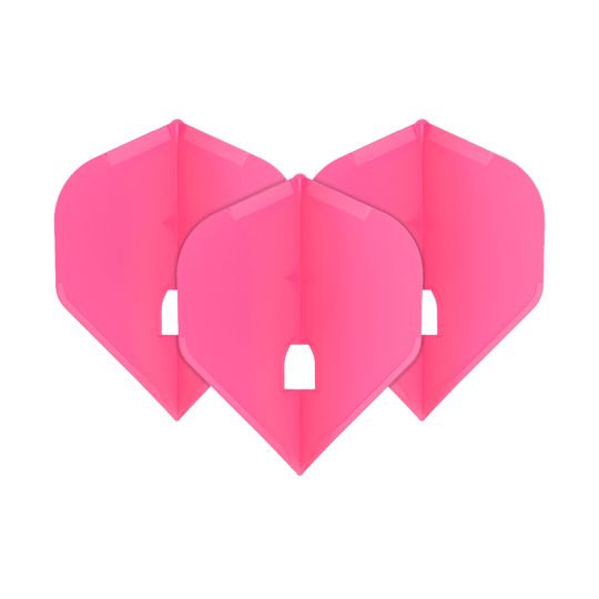 L-Style Champagne L1PRO Flights Das Bild zeigt drei pinke Dartflights in einer Standardform. Sie sind ordentlich nebeneinander angeordnet.